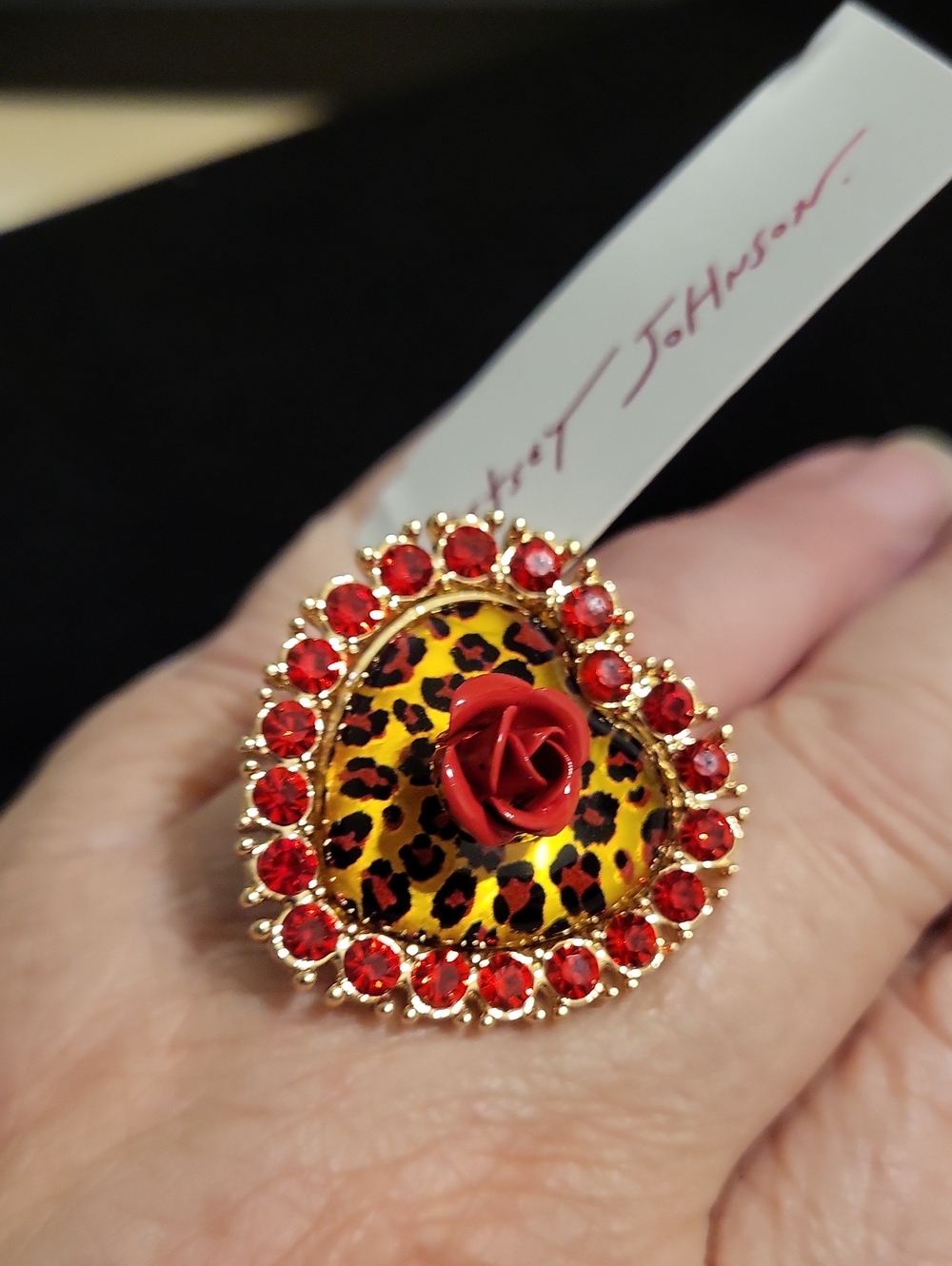 Betsey Johnson Red Rose Leopard Heart Ring with Red Crystals Adjustable Stretch